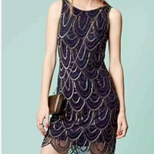 Pisarro Nights Beaded Mesh Sleeveless Sheath Dress Navy Blue Size 8